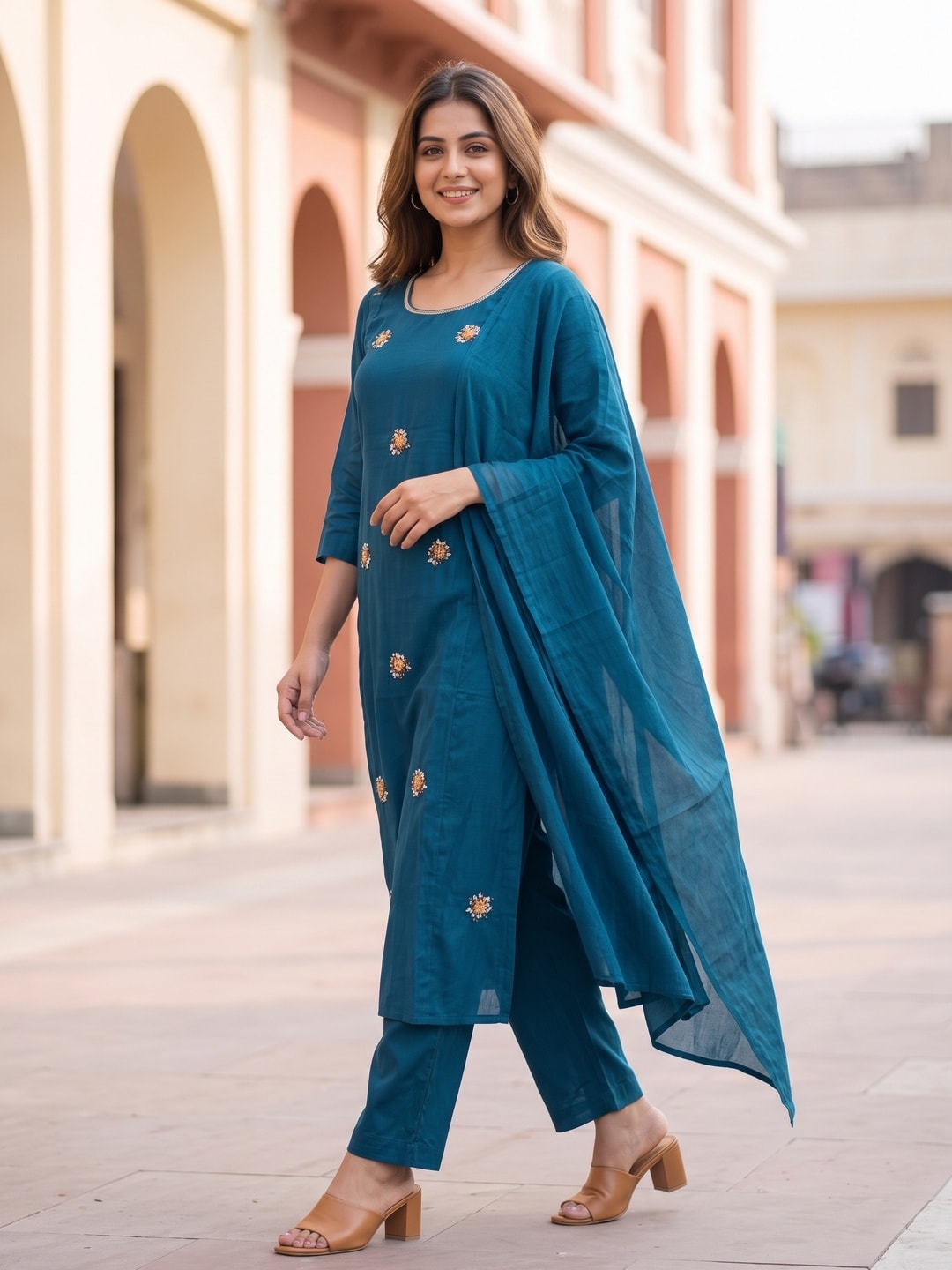 Peachmode Blue Mul Chanderi Embroidered Salwar Suit - Image 3