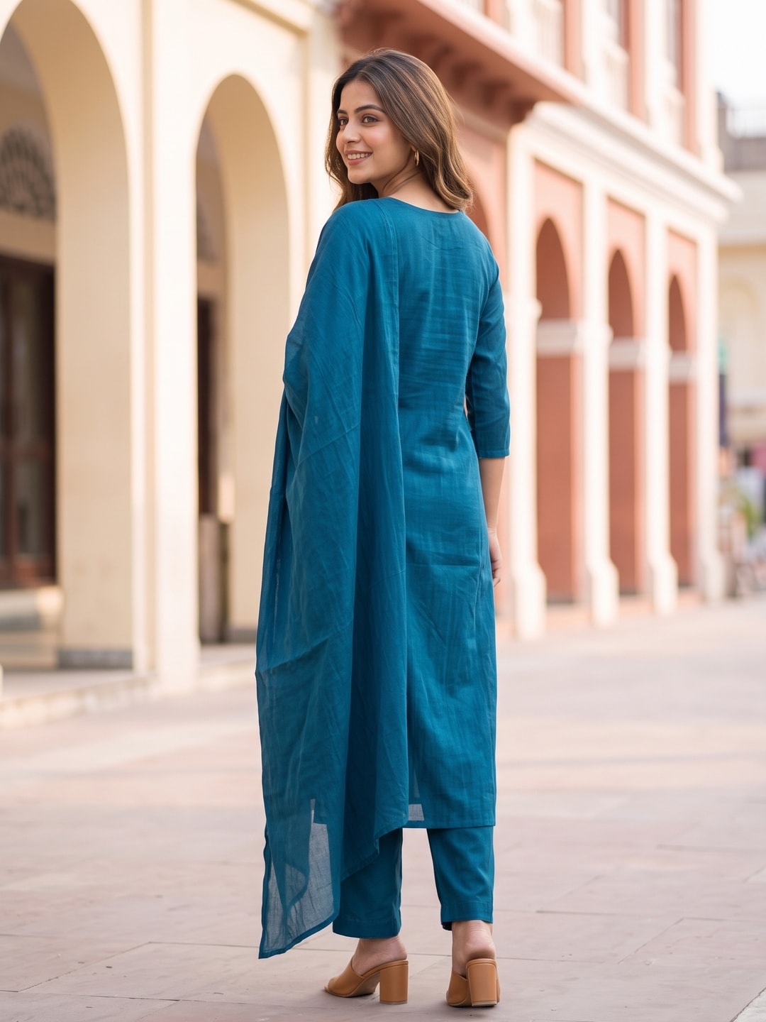 Peachmode Blue Mul Chanderi Embroidered Salwar Suit - Image 4