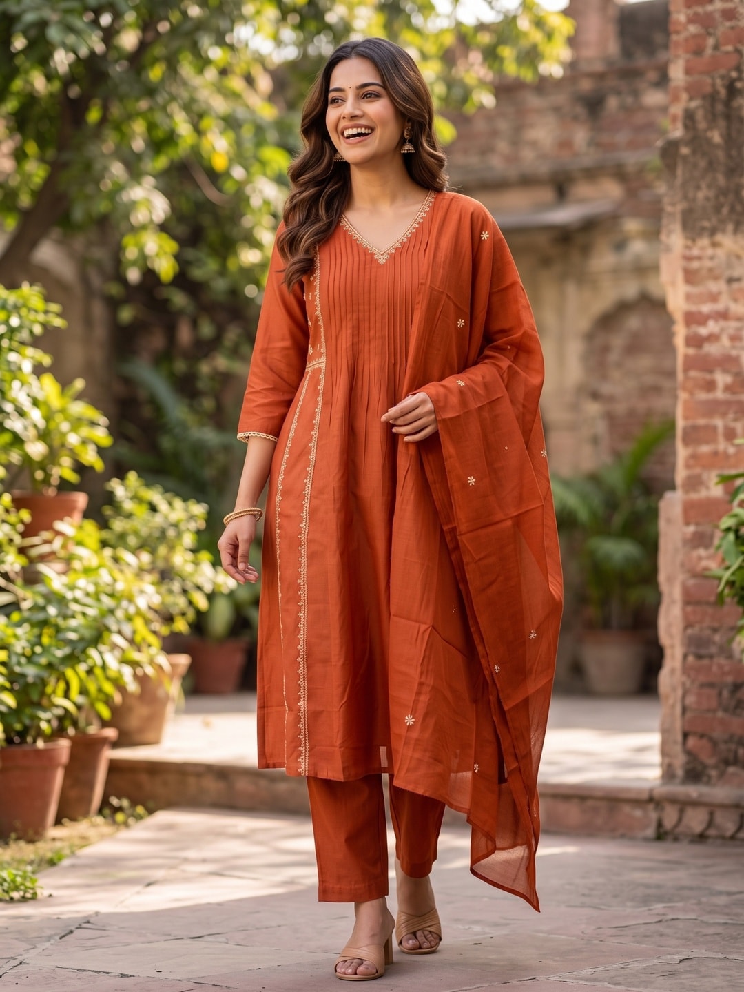 Peachmode Rust Mul Chanderi Pintuck Embroidered Salwar Suit - Image 2