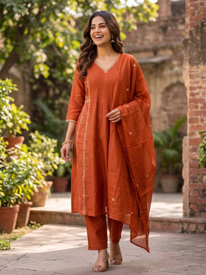 Peachmode Rust Mul Chanderi Pintuck Embroidered Salwar Suit - Image 2