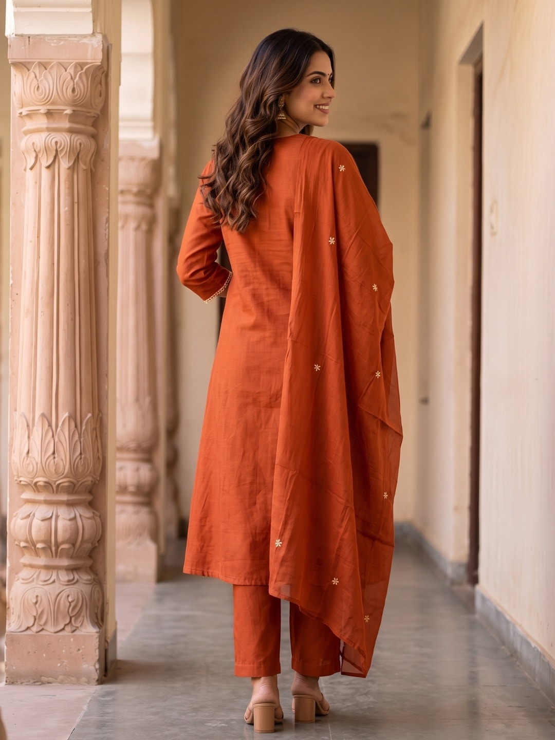 Peachmode Rust Mul Chanderi Pintuck Embroidered Salwar Suit - Image 4