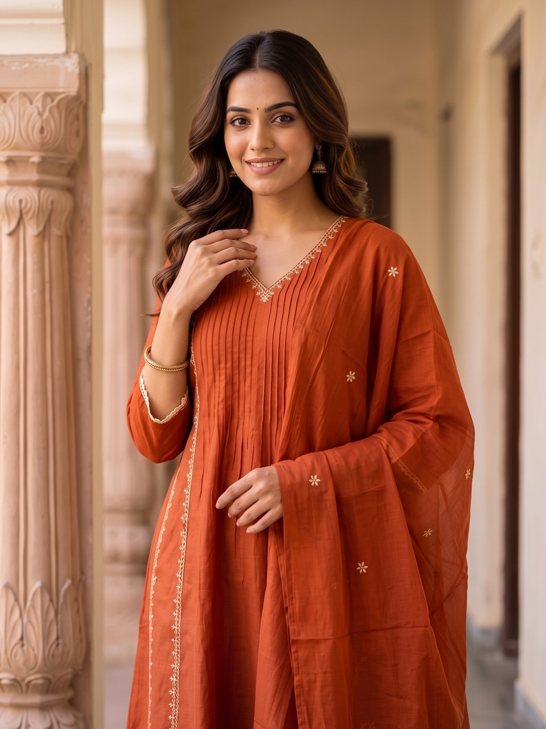 Peachmode Rust Mul Chanderi Pintuck Embroidered Salwar Suit - Image 5