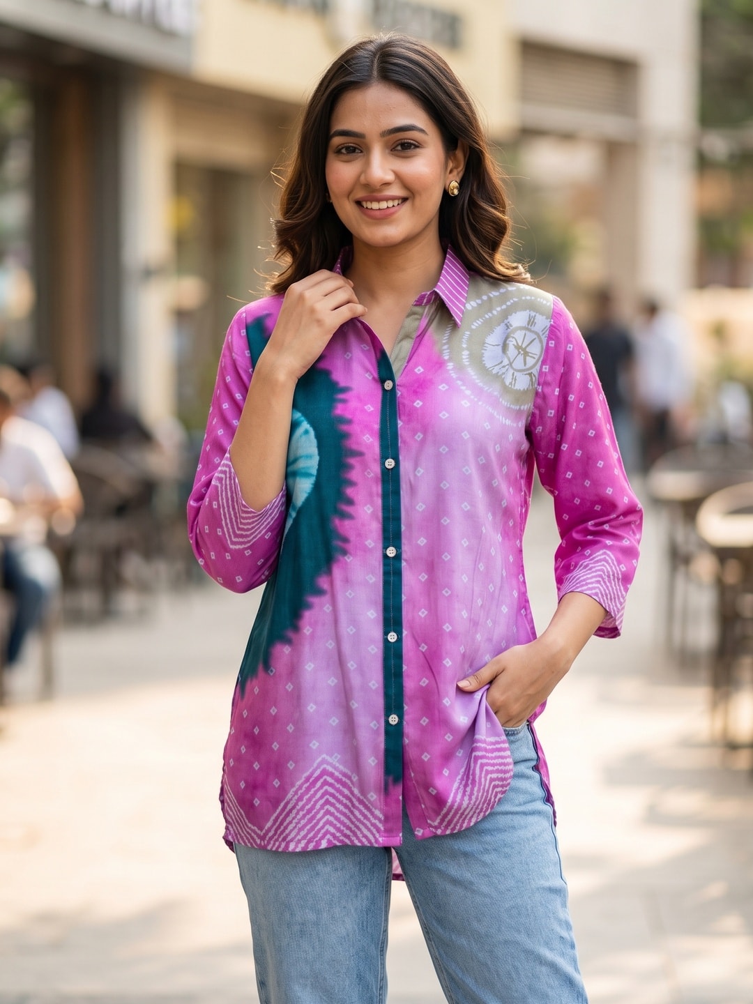 Peachmode Pink Muslin Bandhani Tie-Dye Printed Shirt Style Top - Image 1