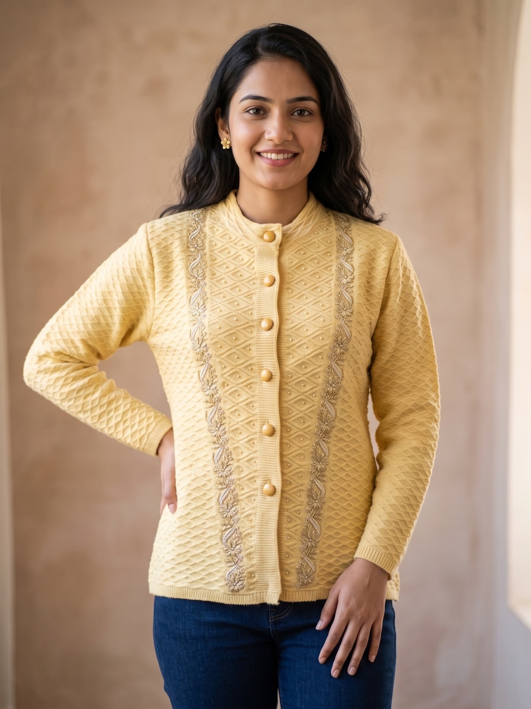 Peachmode Yellow Gold Floral Embroidered Pearl Woolen Cardigan - Image 1