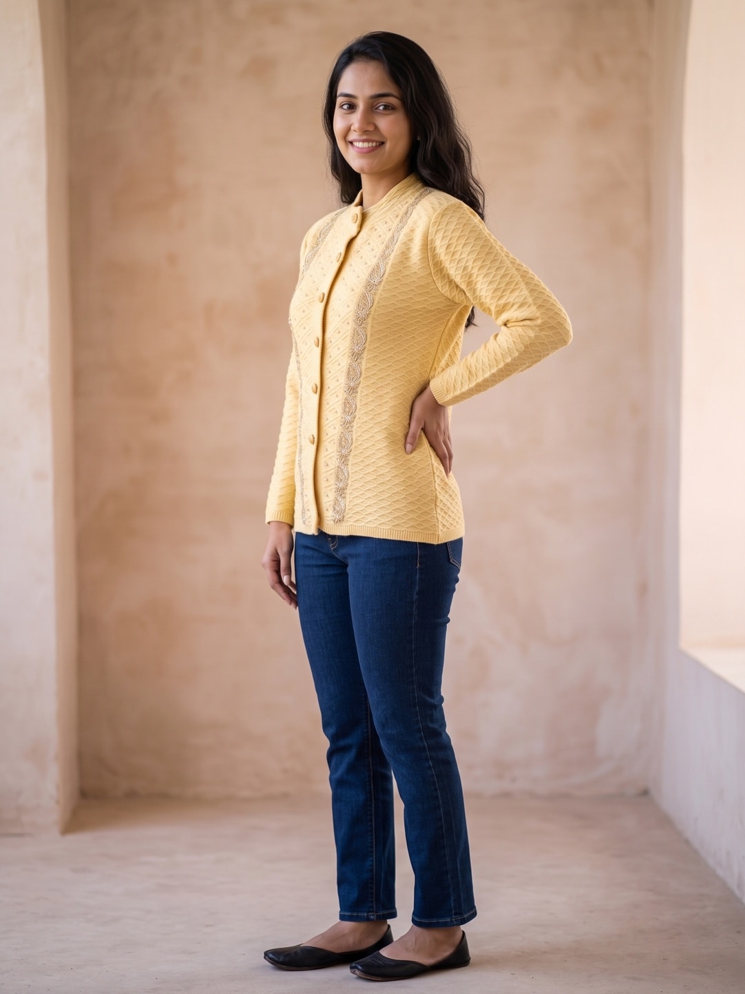 Peachmode Yellow Gold Floral Embroidered Pearl Woolen Cardigan - Image 3
