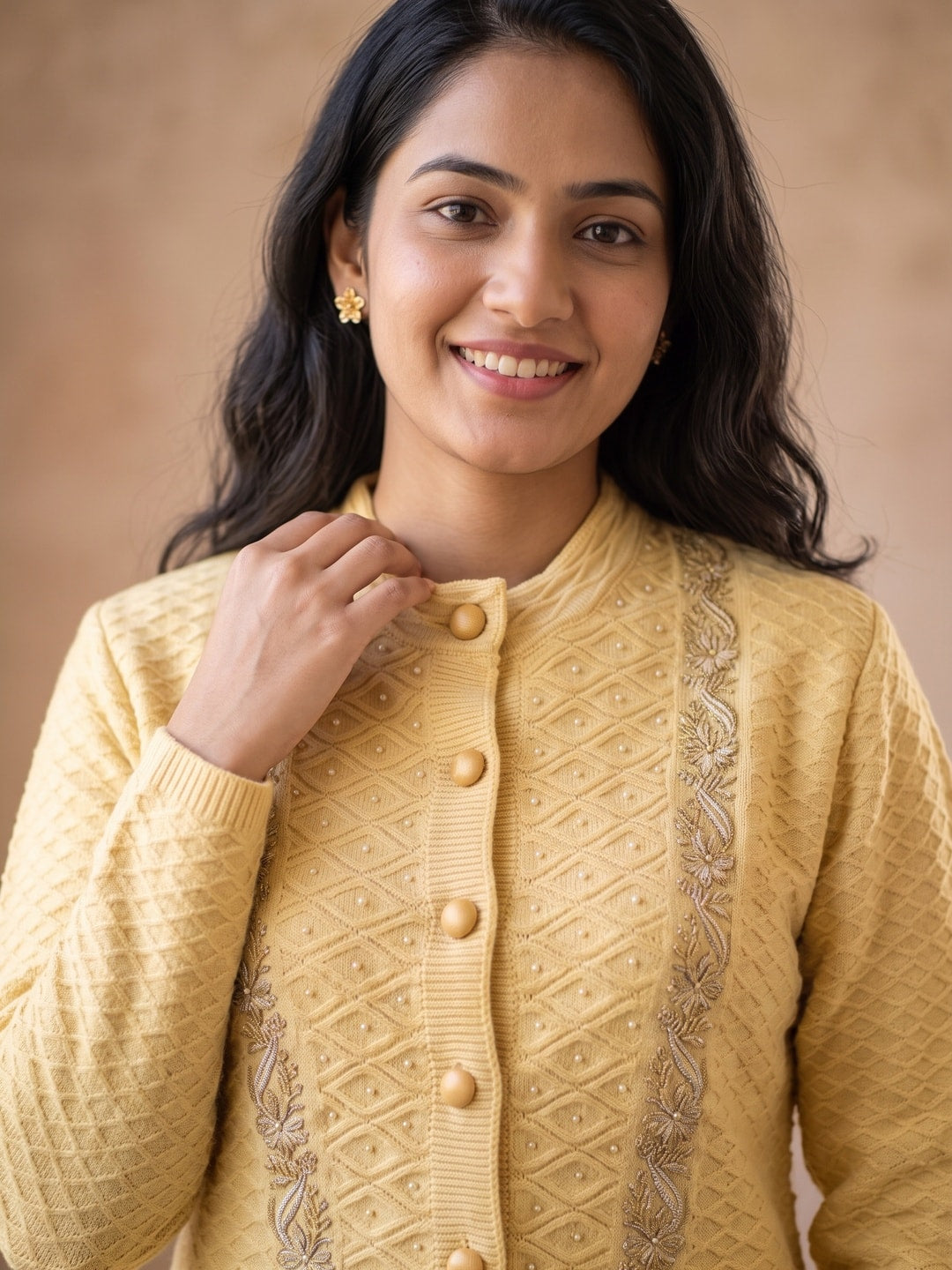 Peachmode Yellow Gold Floral Embroidered Pearl Woolen Cardigan - Image 5