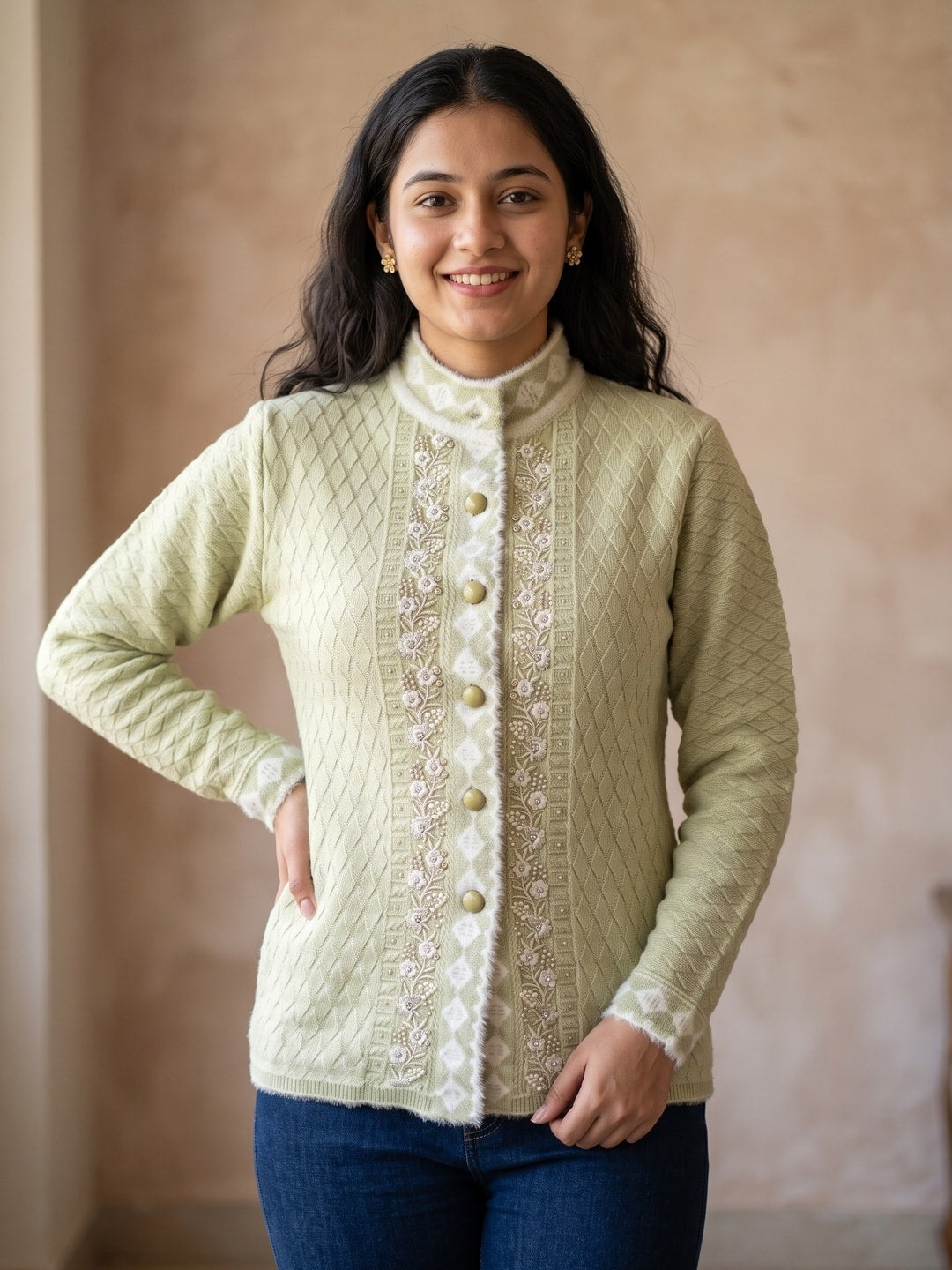 Peachmode Green Floral Embroidered Fur Trim Woolen Cardigan - Image 1