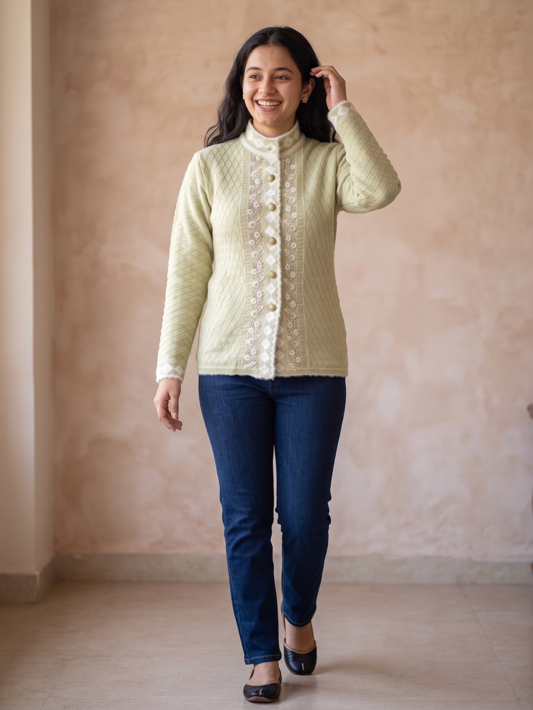 Peachmode Green Floral Embroidered Fur Trim Woolen Cardigan - Image 2