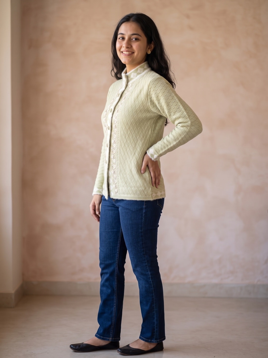 Peachmode Green Floral Embroidered Fur Trim Woolen Cardigan - Image 3