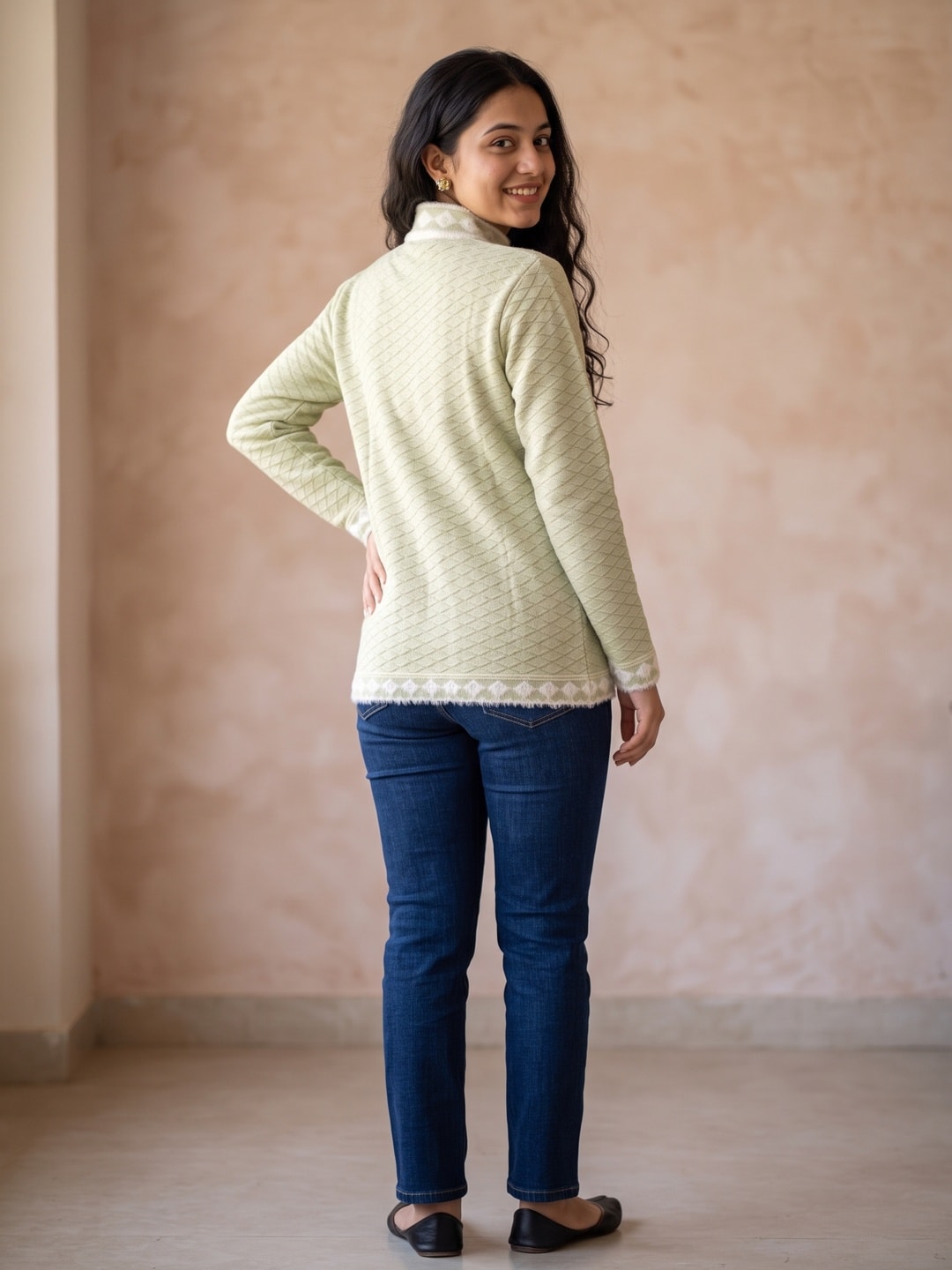 Peachmode Green Floral Embroidered Fur Trim Woolen Cardigan - Image 4