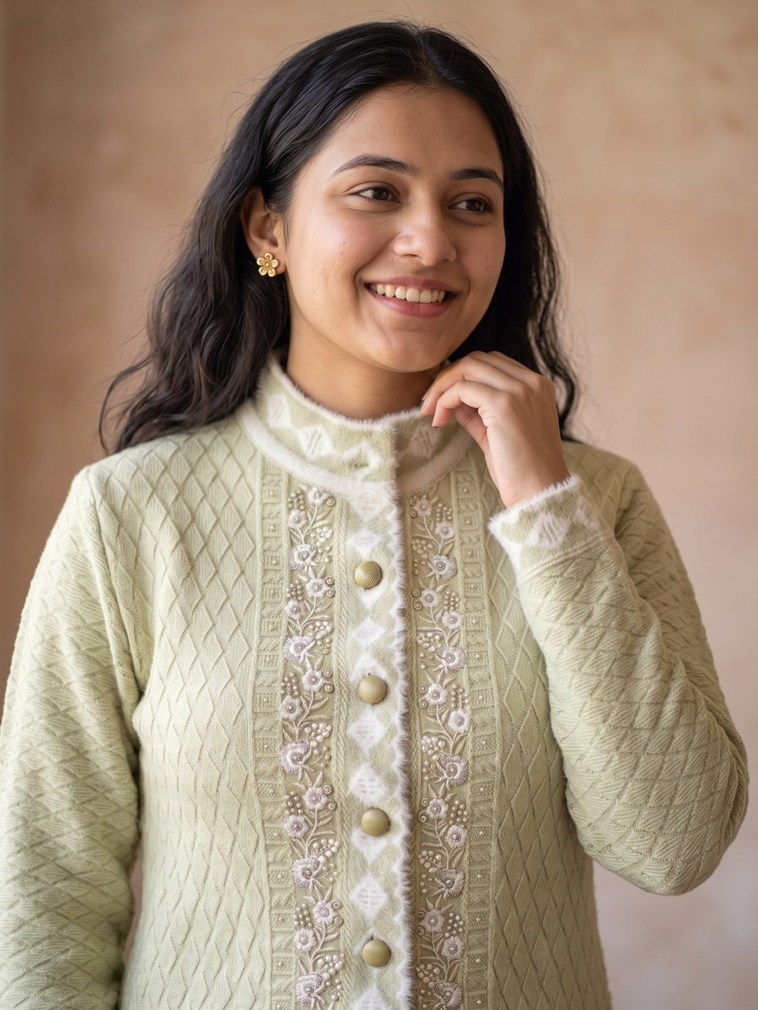 Peachmode Green Floral Embroidered Fur Trim Woolen Cardigan - Image 5
