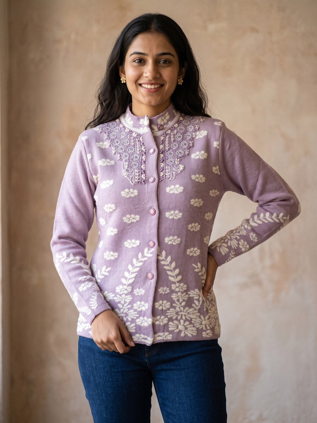 Peachmode Purple Floral Jacquard Beaded Yoke Woolen Cardigan - Image 1
