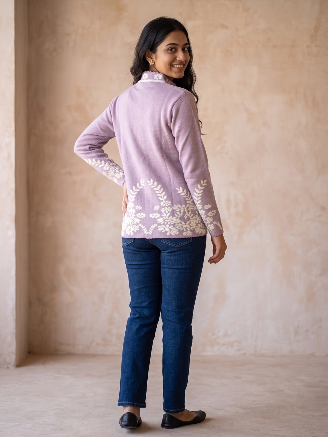 Peachmode Purple Floral Jacquard Beaded Yoke Woolen Cardigan - Image 4