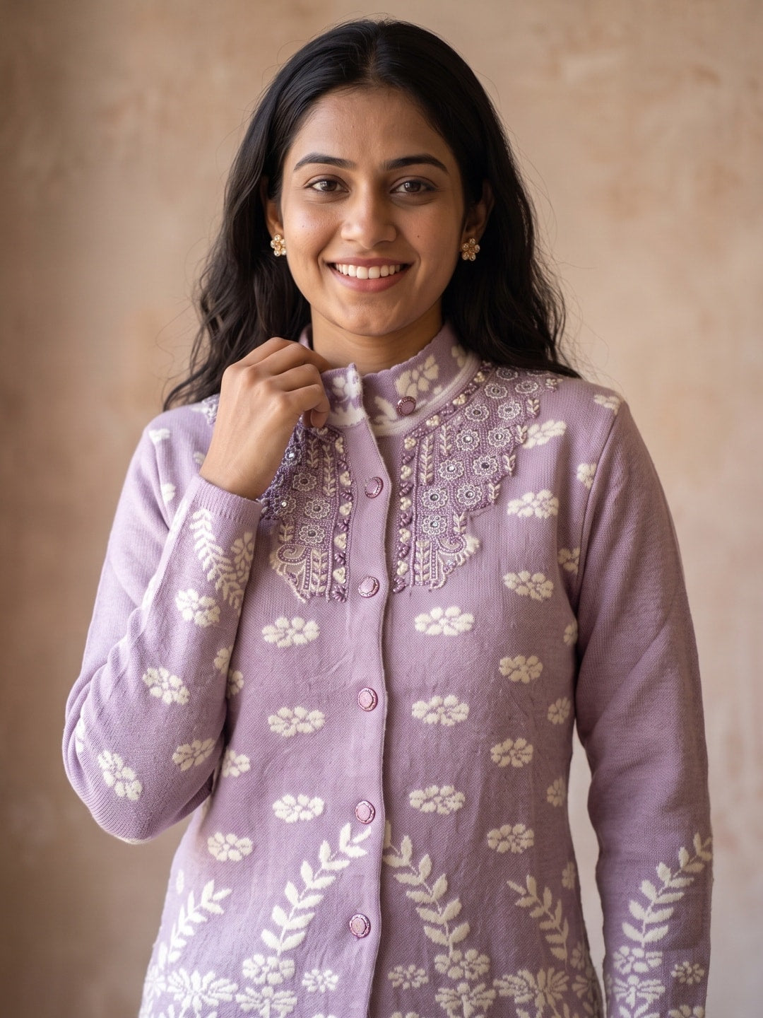 Peachmode Purple Floral Jacquard Beaded Yoke Woolen Cardigan - Image 5