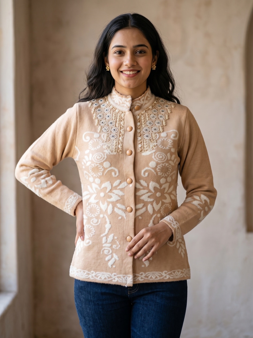 Peachmode Peach Floral Jacquard Beaded Yoke Woolen Cardigan - Image 1