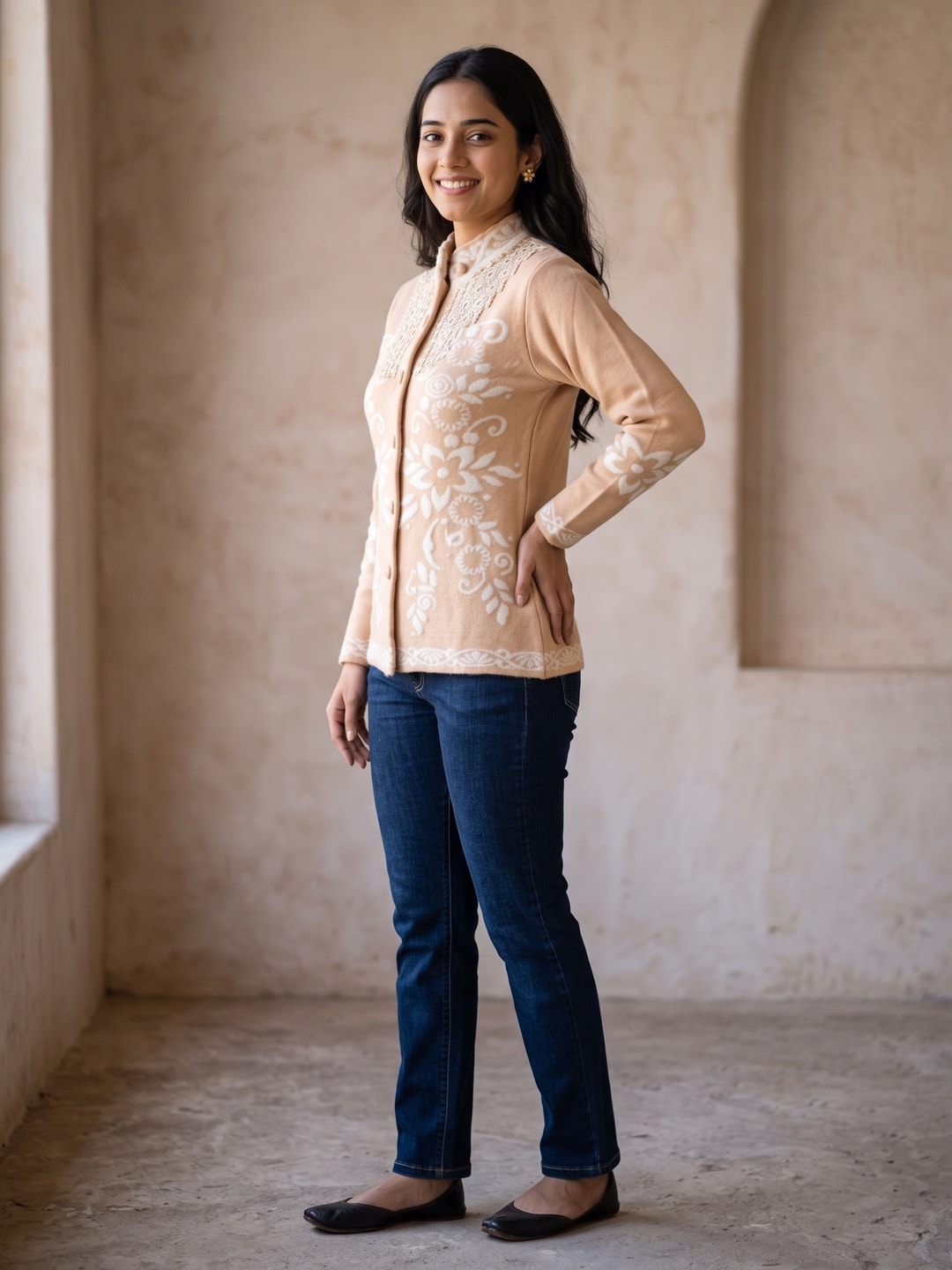Peachmode Peach Floral Jacquard Beaded Yoke Woolen Cardigan - Image 3