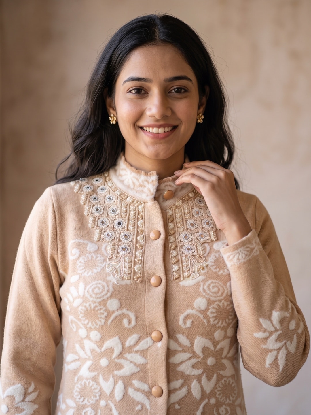 Peachmode Peach Floral Jacquard Beaded Yoke Woolen Cardigan - Image 5