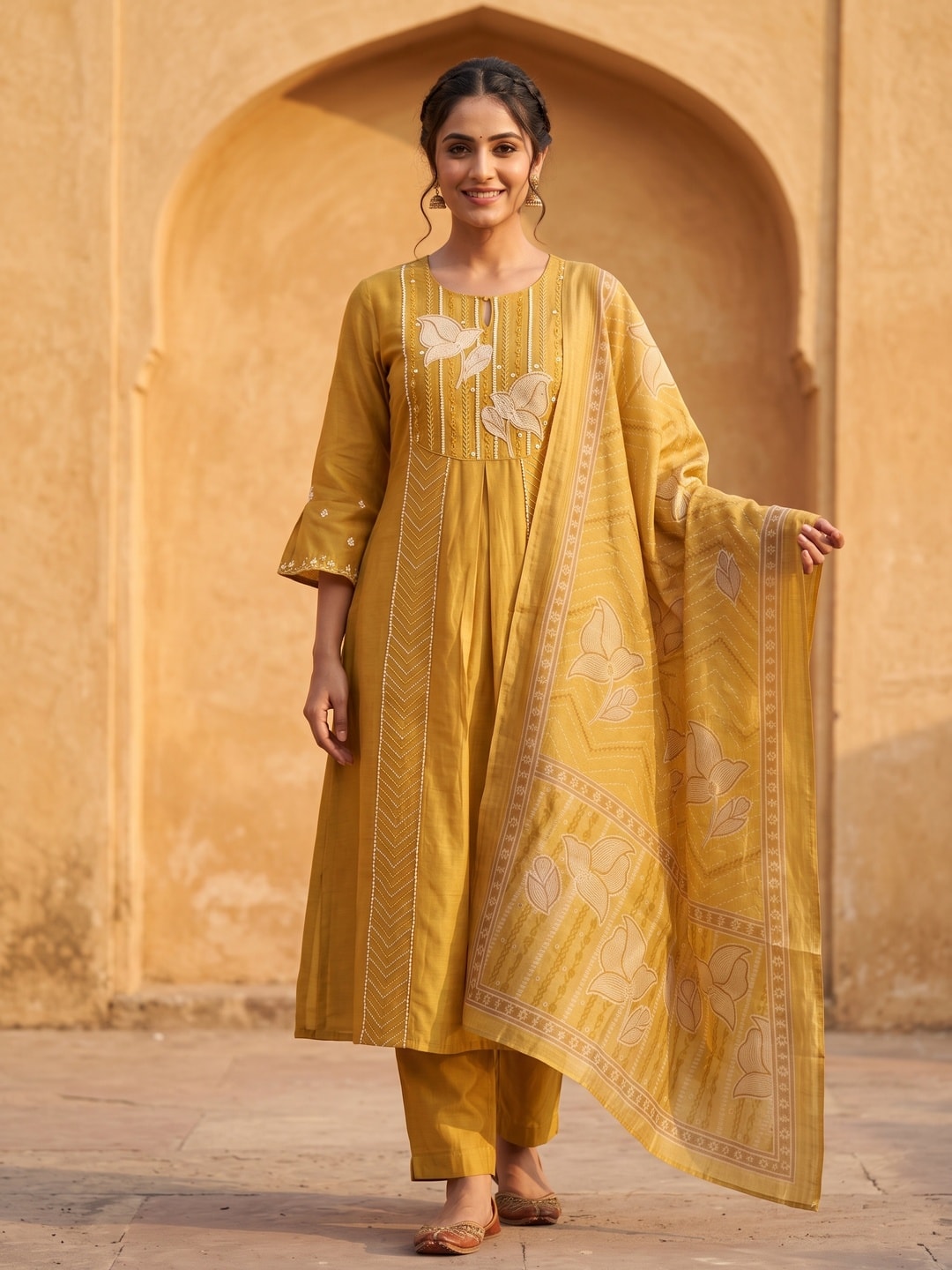 Peachmode Mustard Mul Chanderi Floral Embroidered Salwar Suit - Image 1