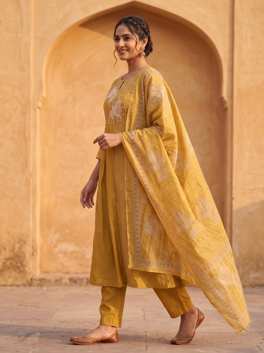 Peachmode Mustard Mul Chanderi Floral Embroidered Salwar Suit - Image 3