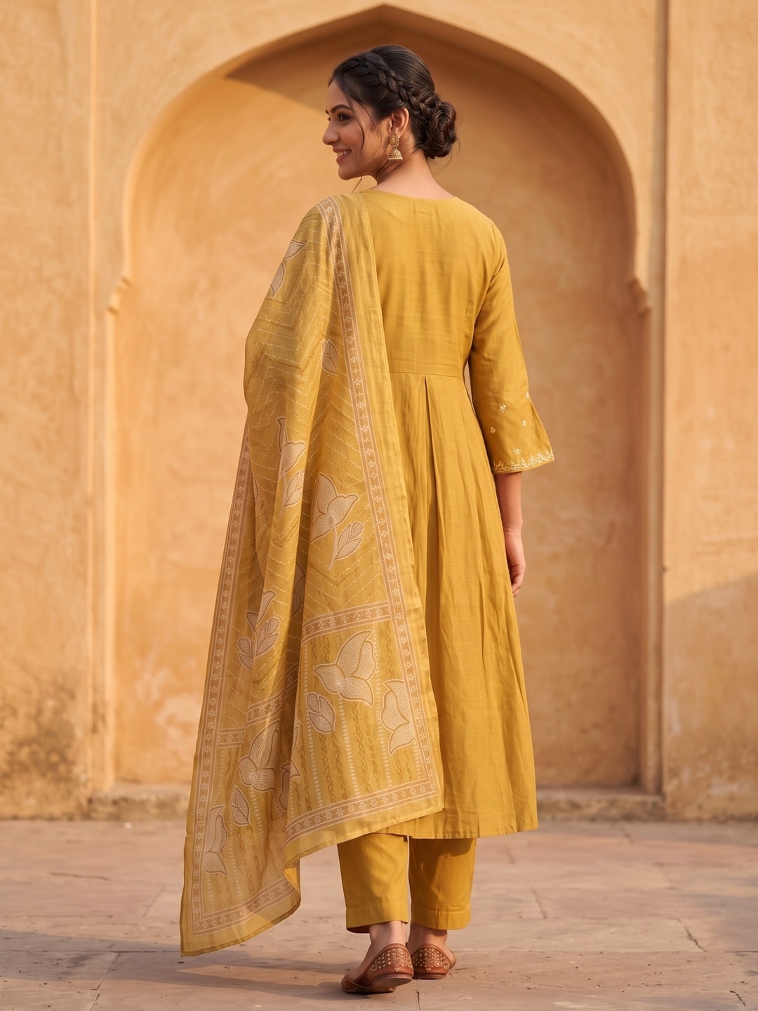 Peachmode Mustard Mul Chanderi Floral Embroidered Salwar Suit - Image 4