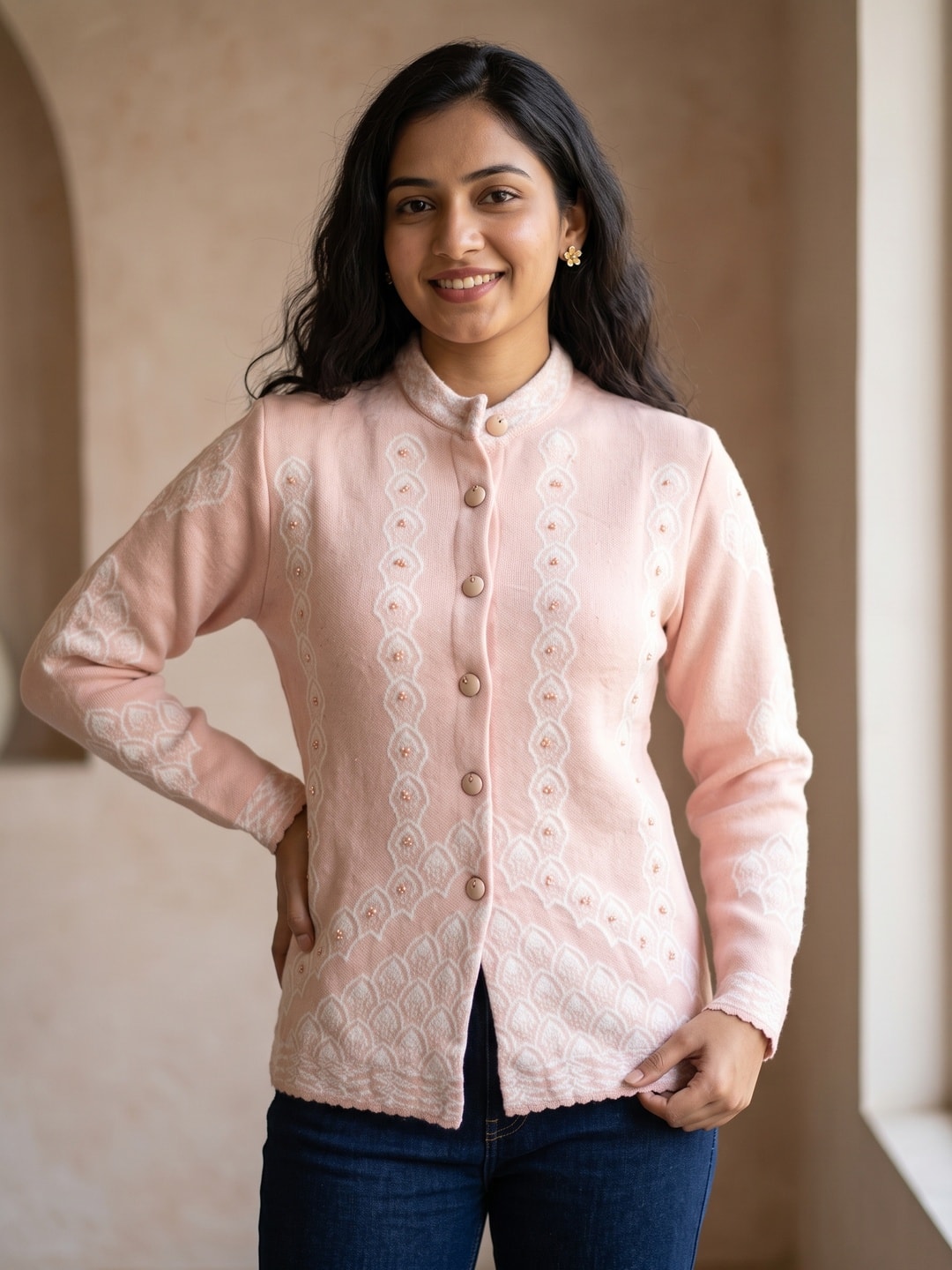 Peachmode Pink Scallop Jacquard Pearl Woolen Cardigan - Image 1