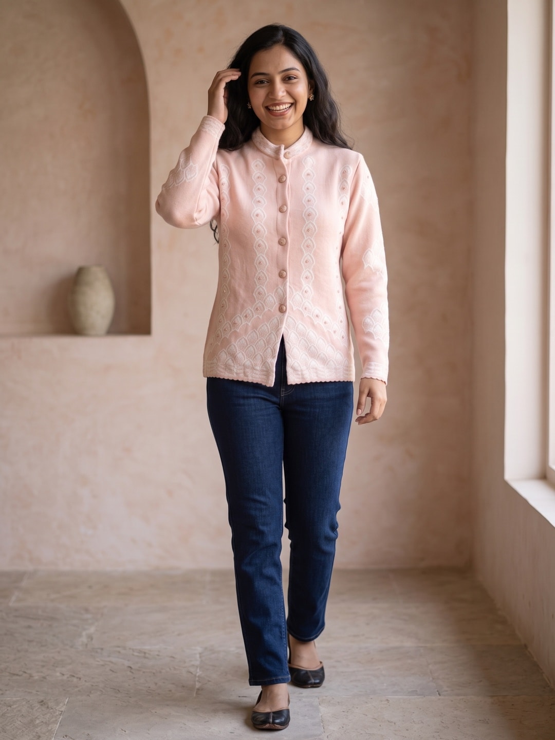 Peachmode Pink Scallop Jacquard Pearl Woolen Cardigan - Image 2
