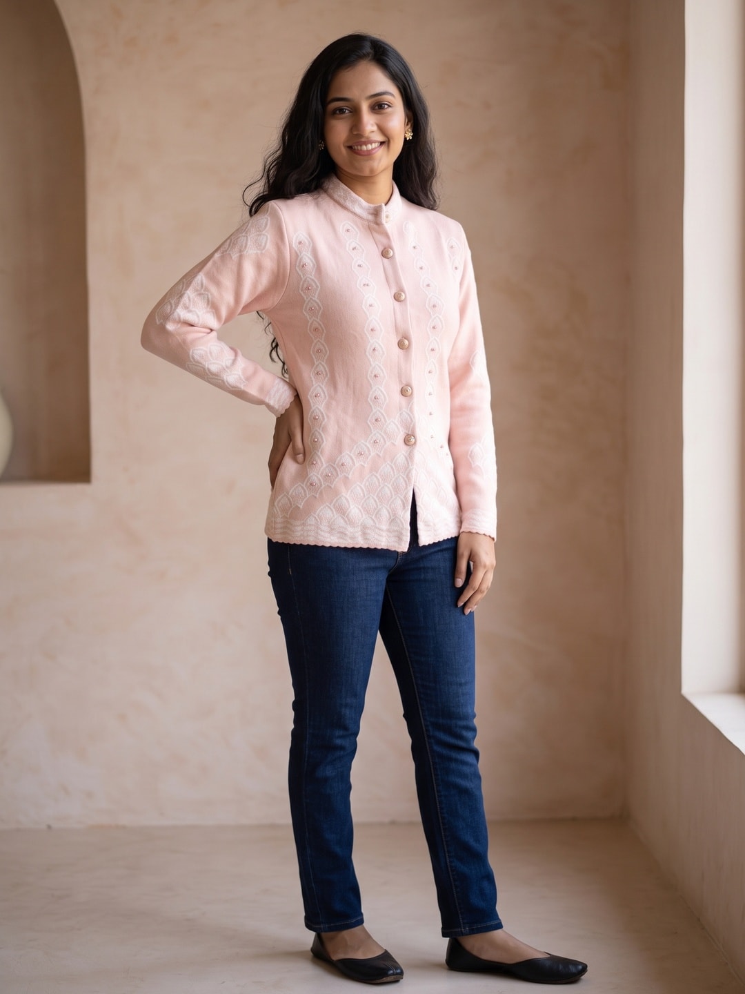Peachmode Pink Scallop Jacquard Pearl Woolen Cardigan - Image 3