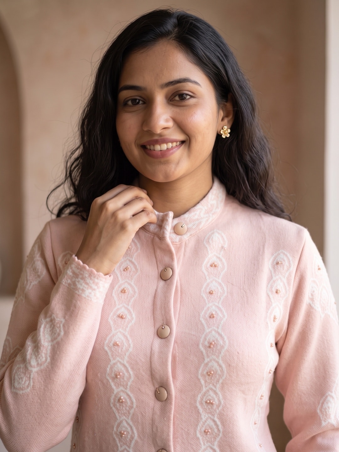 Peachmode Pink Scallop Jacquard Pearl Woolen Cardigan - Image 5