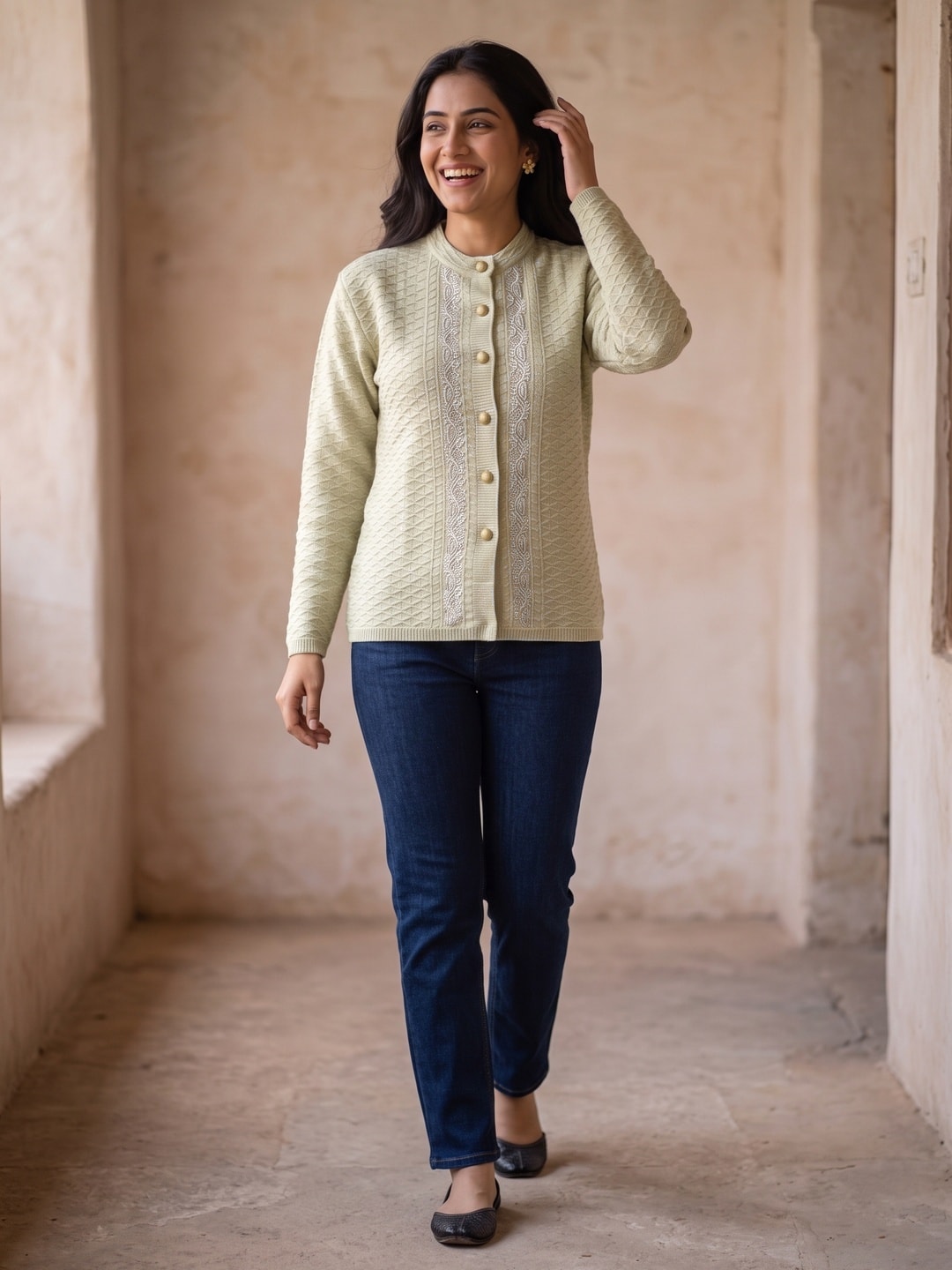 Peachmode Green Silver Paisley Embroidered Woolen Cardigan - Image 2