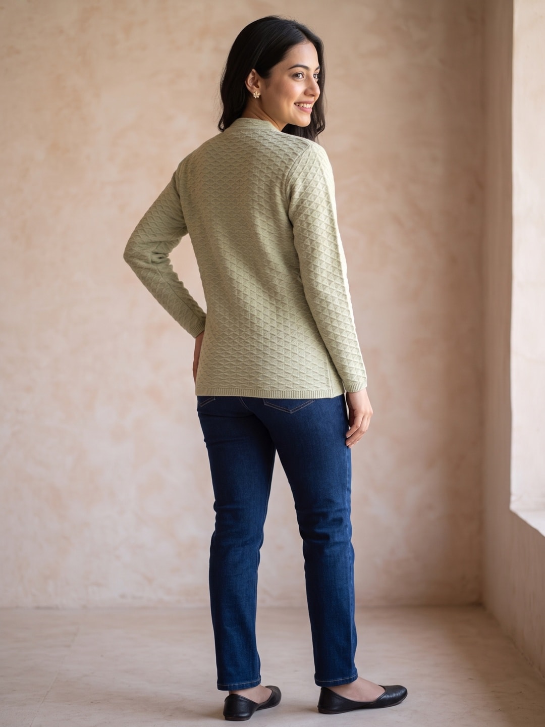 Peachmode Green Silver Paisley Embroidered Woolen Cardigan - Image 4