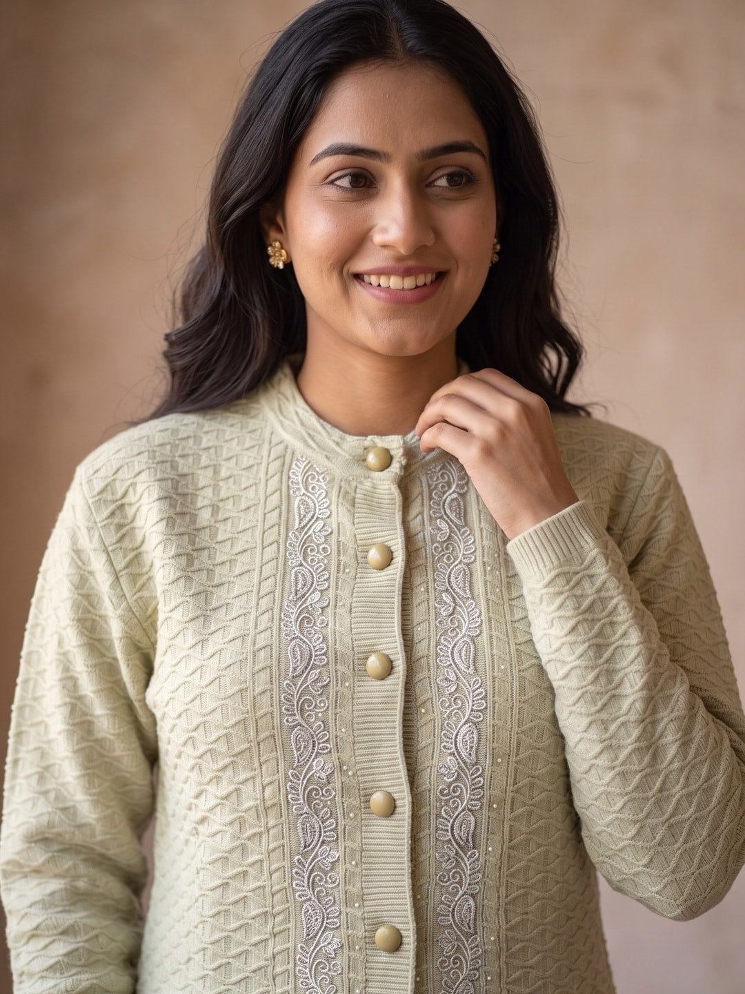 Peachmode Green Silver Paisley Embroidered Woolen Cardigan - Image 5