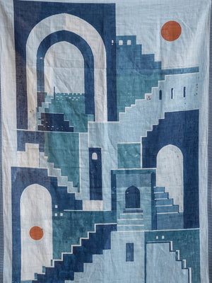 Peachmode Sky Blue Courtyard Printed Linen Saree - Image 2