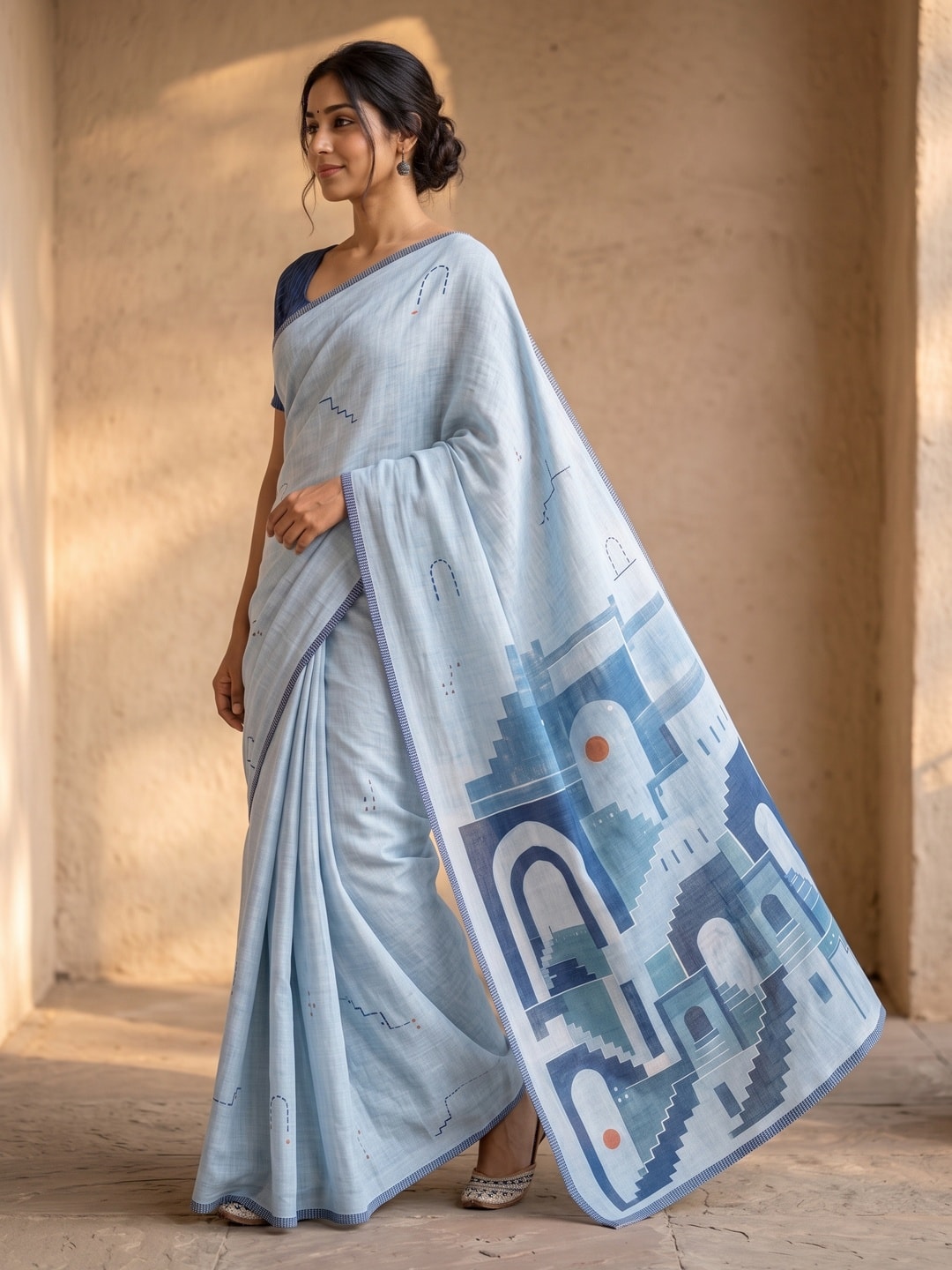 Peachmode Sky Blue Courtyard Printed Linen Saree - Image 4