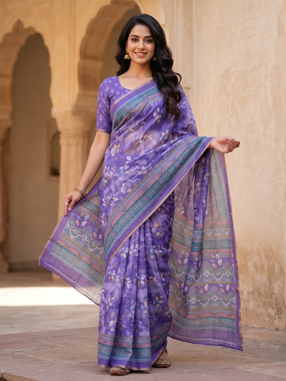 Peachmode Purple Digital Printed Linen Saree - Image 1