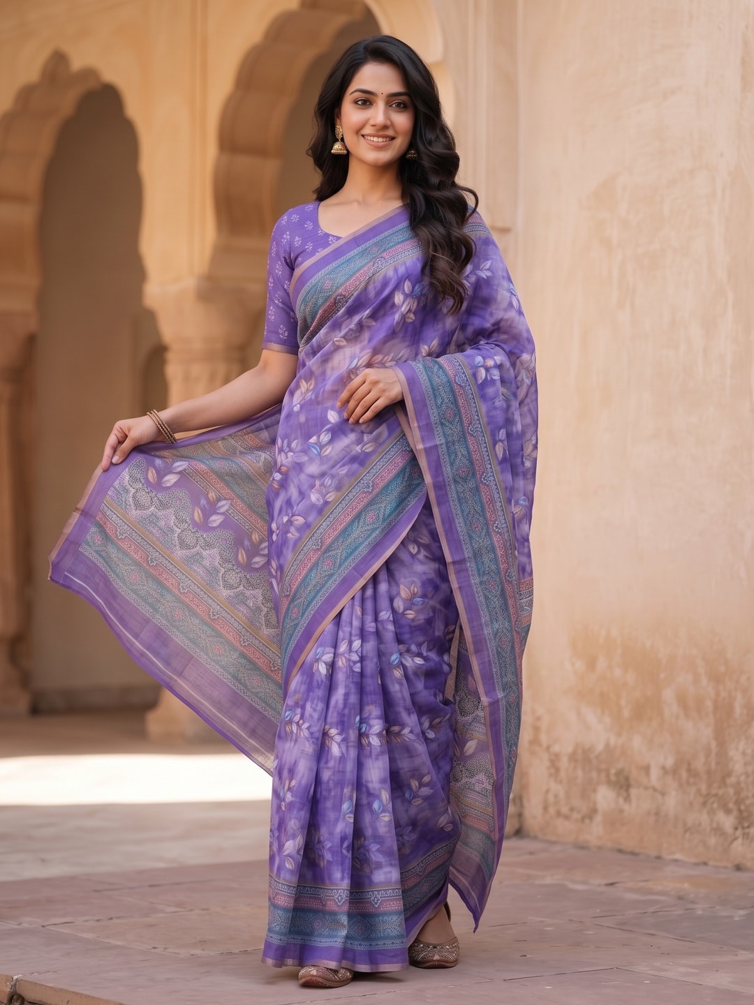 Peachmode Purple Digital Printed Linen Saree - Image 4