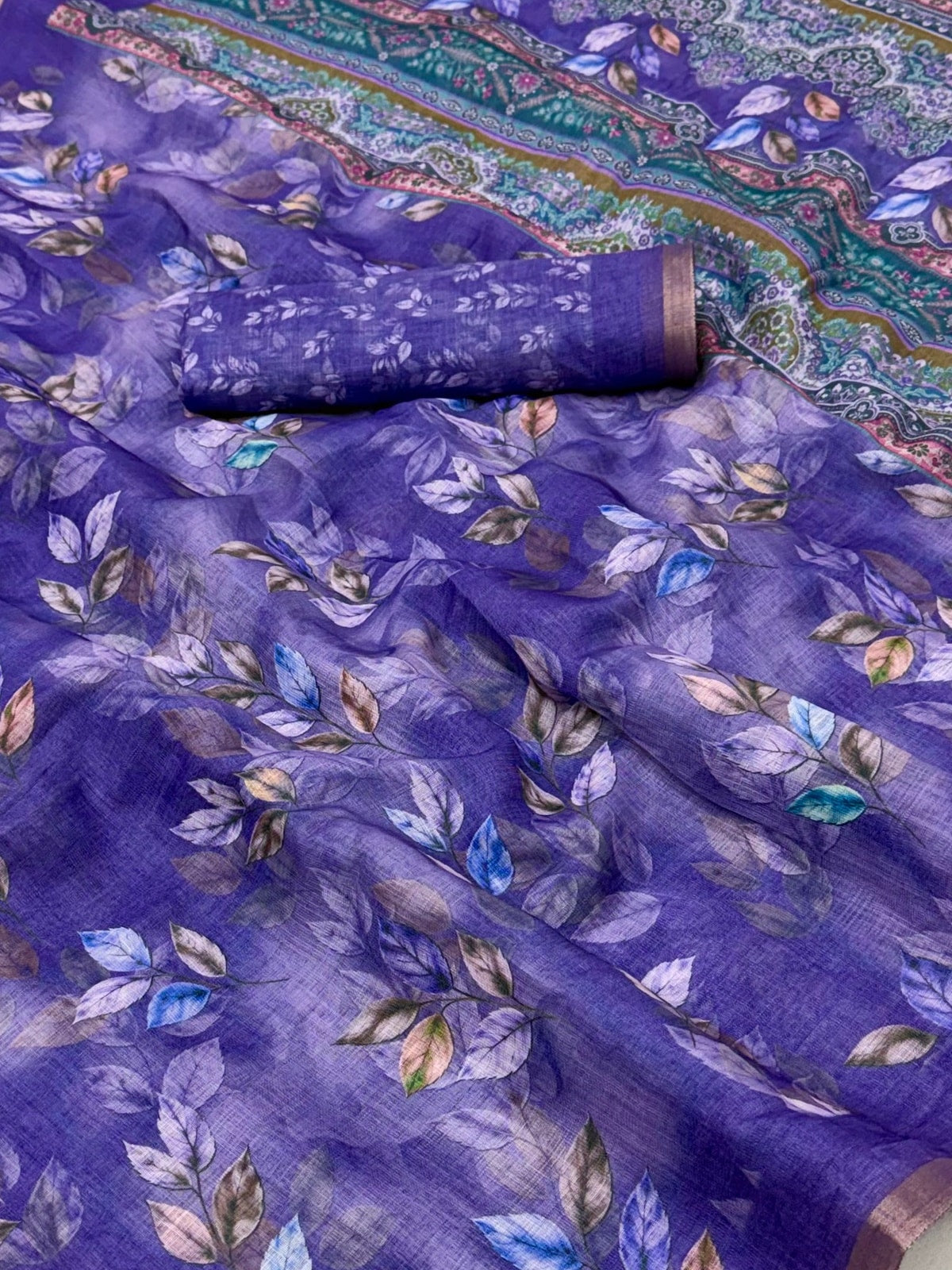 Peachmode Purple Digital Printed Linen Saree - Image 5