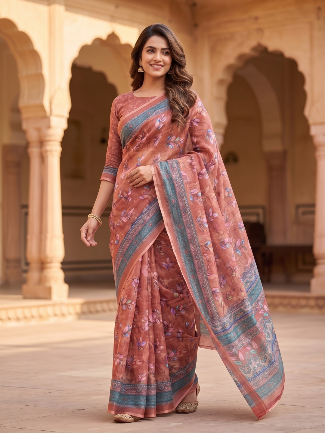 Peachmode Rust Digital Printed Linen Saree - Image 2