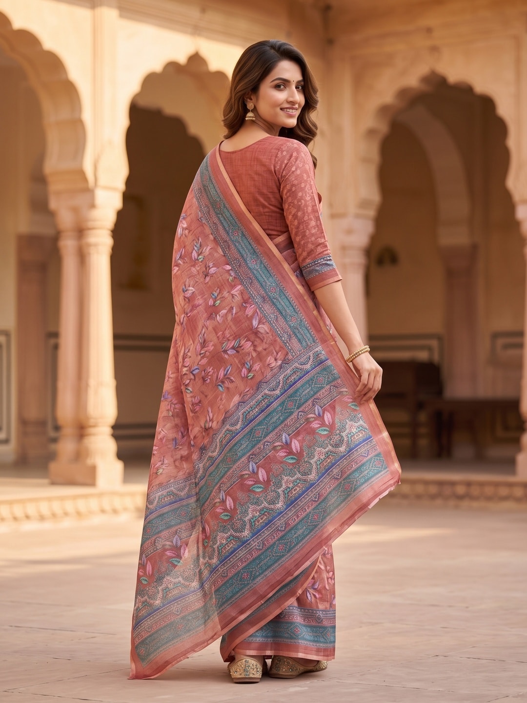 Peachmode Rust Digital Printed Linen Saree - Image 3