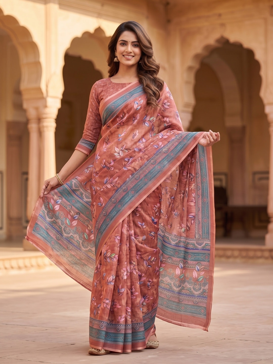 Peachmode Rust Digital Printed Linen Saree - Image 4