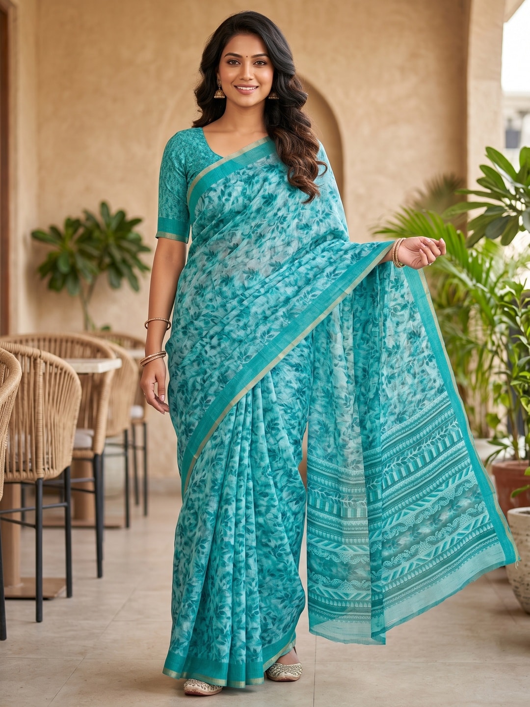 Peachmode Turquoise Digital Printed Linen Saree - Image 1