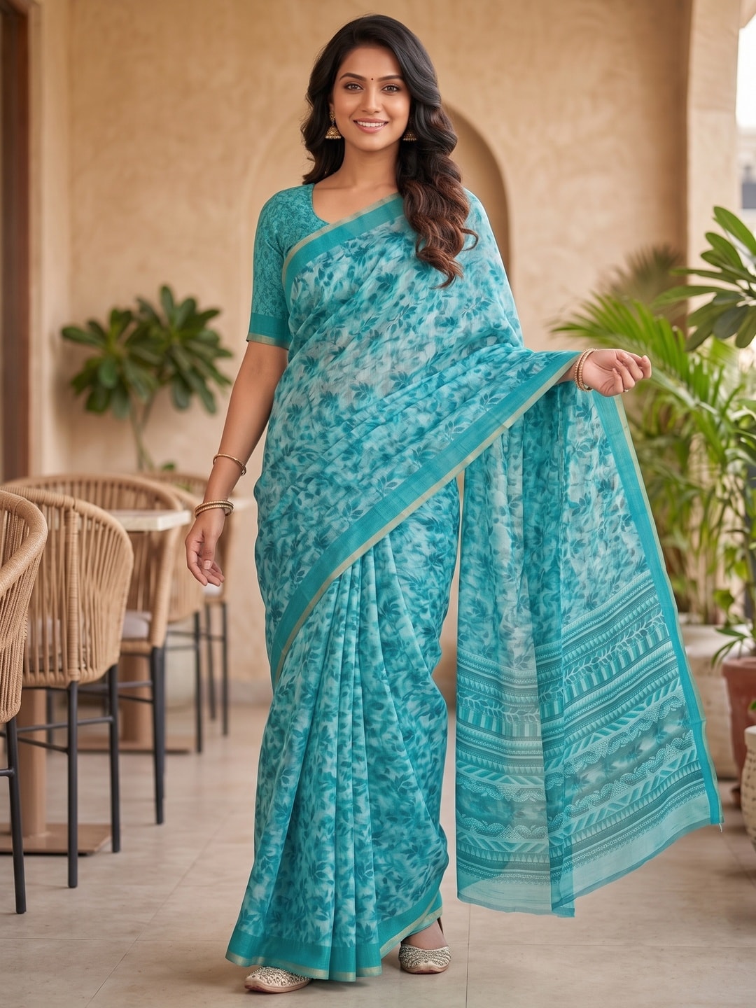 Peachmode Turquoise Digital Printed Linen Saree - Image 4
