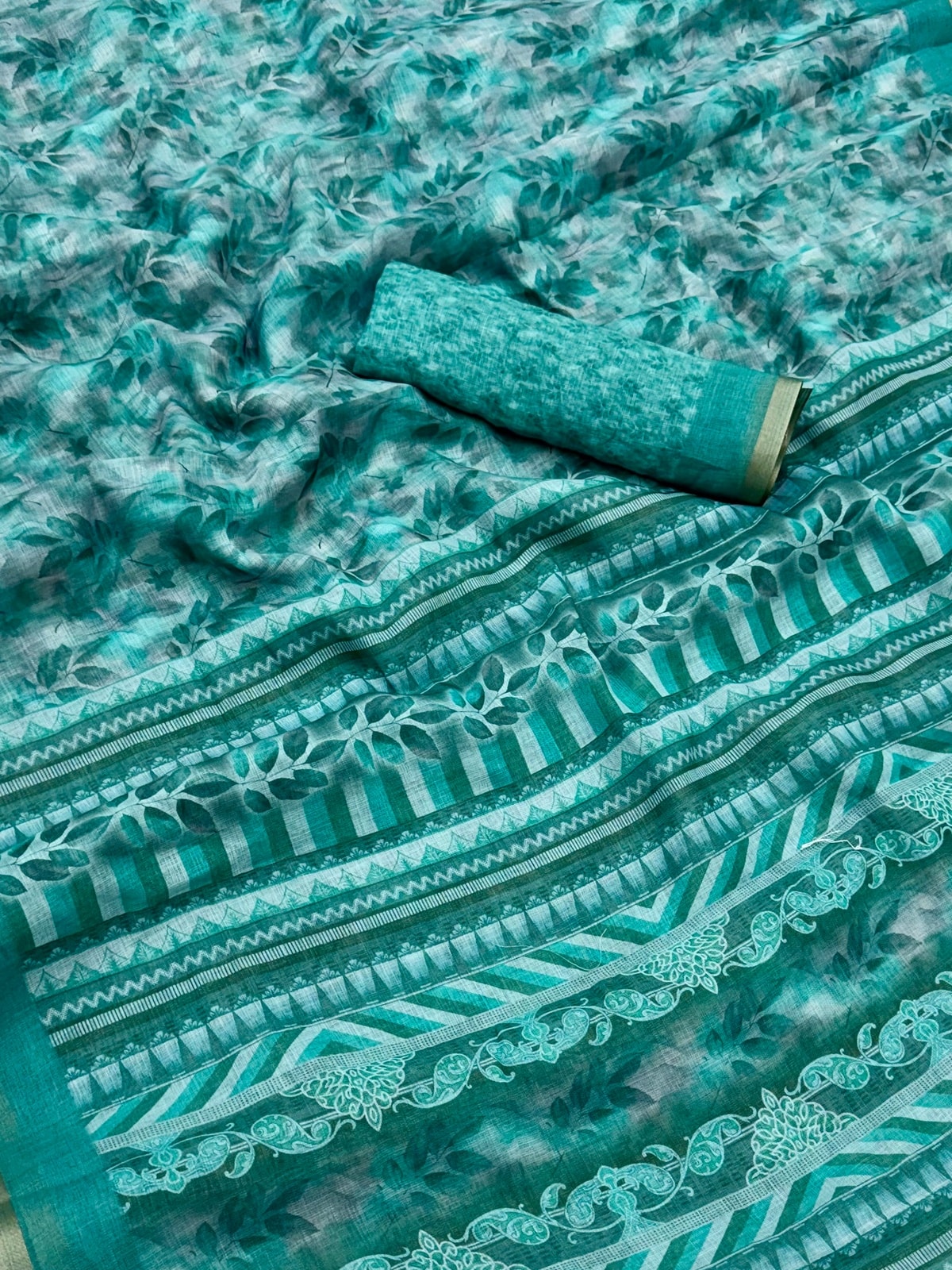 Peachmode Turquoise Digital Printed Linen Saree - Image 5