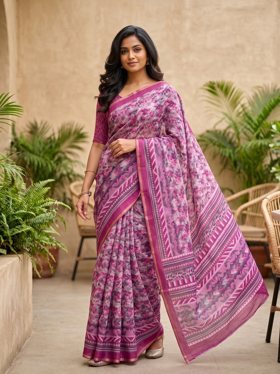Peachmode Magenta Digital Printed Linen Saree - Image 1