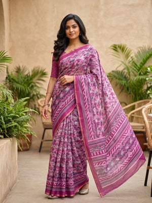 Peachmode Magenta Digital Printed Linen Saree - Image 1