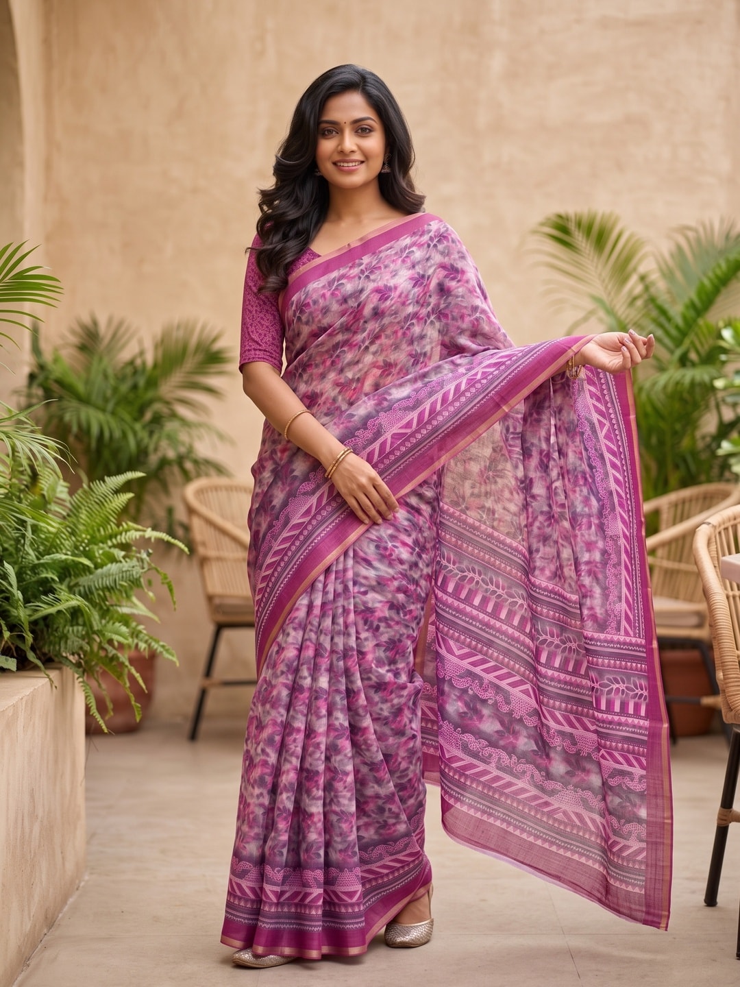 Peachmode Magenta Digital Printed Linen Saree - Image 4