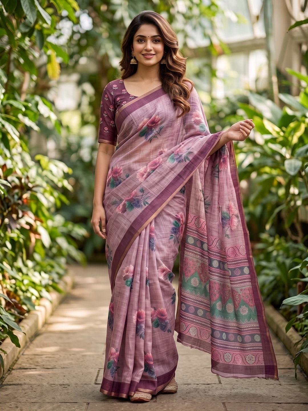 Peachmode Onion Pink Digital Printed Linen Saree - Image 4