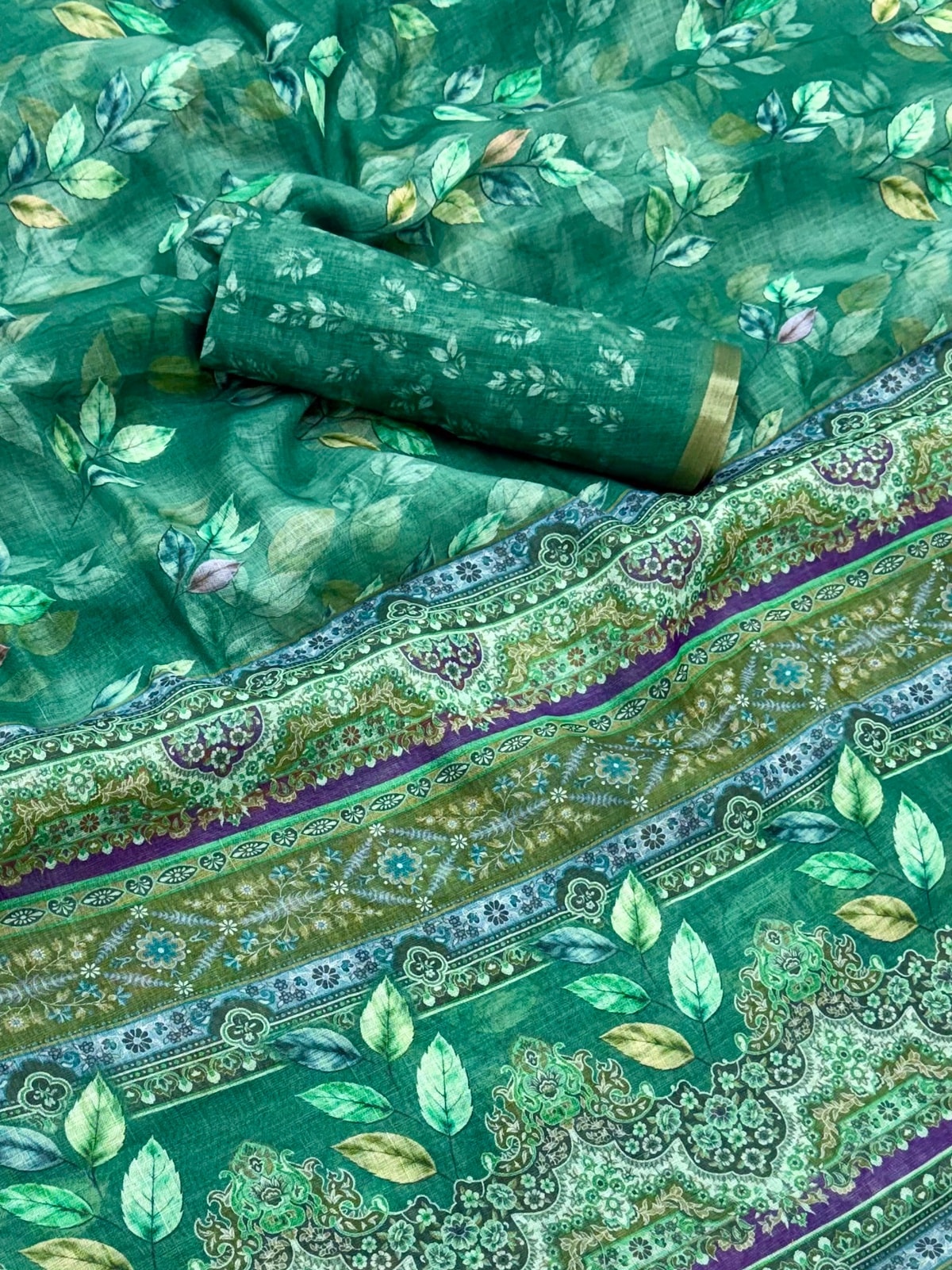 Peachmode Green Digital Printed Linen Saree - Image 5