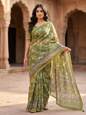 Peachmode Olive Green Digital Printed Linen Saree - Image 1