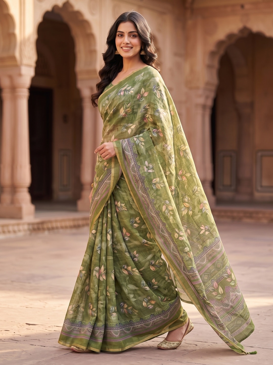 Peachmode Olive Green Digital Printed Linen Saree - Image 2