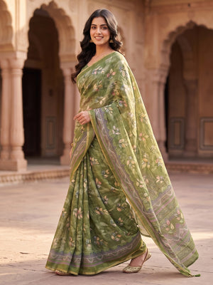 Peachmode Olive Green Digital Printed Linen Saree - Image 2